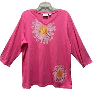 Quacker Factory Pink V-Neck Cotton Top Floral Sequin Accents NWOT Plus Size 1X